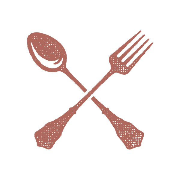 Yemek servisi için çapraz kaşık ve çatal silueti pul efekti çizdi. Paket ve menü tasarımı veya etiket dekorasyonu için klasik grunge doku amblemi.