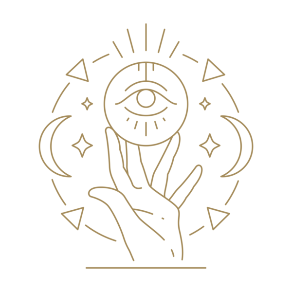 Yarım ay ve yıldızlarla çevrili insan palmiyesi minimalist çerçeve çizgisi çizimi çiziyor. Antik esrarengiz okültizm sembolüyle büyü yapan ruhani el.