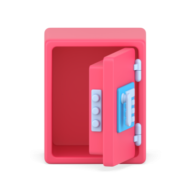 Boş 3D banka kasasını aç. Nakit ve mücevher için pembe kasa. Güçlü hırsızlık önleyici koruması olan banka güvenliği. Finansal işlemler ve ticari güven. gerçekçi simge izole edildi