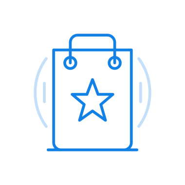 Alışveriş sıralaması ikonu. Web uygulamalarında depo değerlendirmesi. Pazarlama kalitesi ve iyi hizmet skalası. Ortasında yıldız olan bir alışveriş çantası. Yüksek kaliteli servis ve hızlı dağıtım alıcısı.