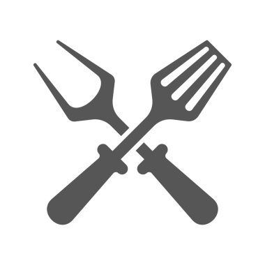 Barbekü çatalı ve spatula silueti klasik el yapımı illüstrasyon. Izgara araçları retro logo tasarım ögesi