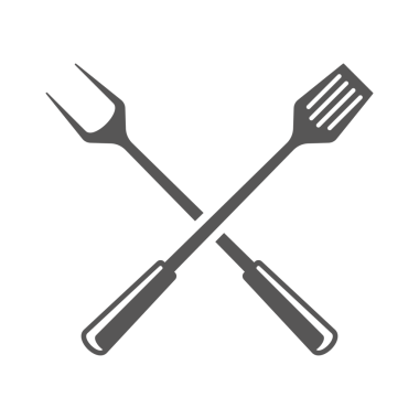 Barbekü çatalı ve spatula silueti klasik el yapımı illüstrasyon. Izgara araçları retro logo tasarım ögesi