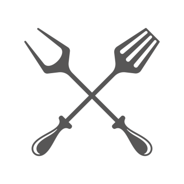 Barbekü çatalı ve spatula silueti klasik el yapımı illüstrasyon. Izgara araçları retro logo tasarım ögesi