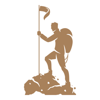 Dağın tepesinde bayrak tutan dağcı retro logo tasarımı için siluet çizimi yapıyor