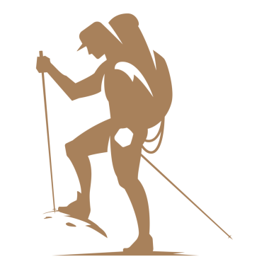 Yürüyüşçü ya da sırt çantasıyla yürüyen eski logo tasarımı için elle çizilmiş siluet çizimi