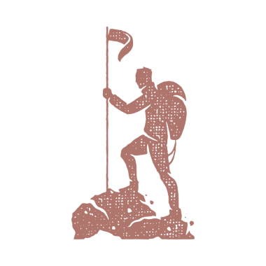 Siyah siluet yürüyüşçüsü dağlık arazide bayrağın tepesine el yazısı ile pul efekti çiziyor. Poster veya etiket dekorasyonu için eski kağıt üzerindeki klasik grunge dokusu.