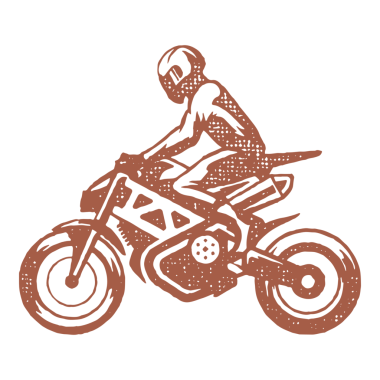 Motosiklet siluetinde insan binicisi. Mürekkep damgalı eski bir resim çizmiş. Afiş veya etiket dekorasyonu için motosiklet amblemi üzerinde yarış kıyafeti ve kask süren erkek grunge desen efekti