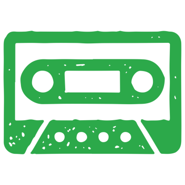 Tek renkli basit el, müzik grunge doku örneklerini dinlemek ve kaydetmek için manyetik bantlı logo yeşil ses kaseti çizdi. Beyazda izole müzik için plastik çokluortam aygıtı