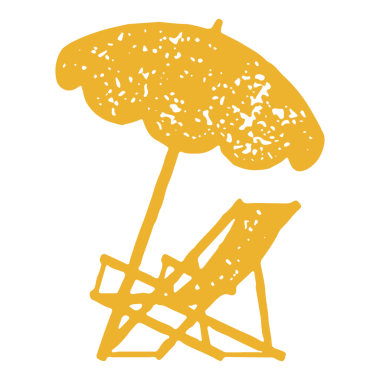 El çizimi basit sarı logo şezlonguyla şemsiyeli plaj tatil beldesi güneşlenme homurtusu deseni çizimi. Bronzlaşmak için deniz kıyısında tek renkli güneş dinlendirici.