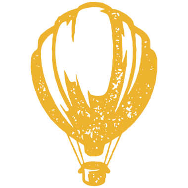 Uçan süslemeli sarı sıcak hava balonu. Sepet elle çizilmiş grunge desen çizimi. Minimalist macera uçuşu özgürlük sembolü yaz tatili izole edilmiş.