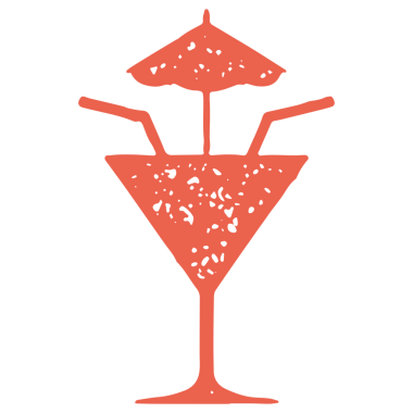 Kadehte romantik çift kokteyli, iki saman şemsiyeli dekoratif tasarım, kırmızı grunge desenli resimli. Zarif, ferahlatıcı alkol içeceği tropikal, soğuk, parti barı logosu.