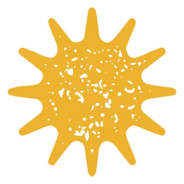 Sivri dikenli, yuvarlak sarı güneş ve el çizimi grunge doku çizimi. Güneş ışığı desenli dairesel ışınlar izole edilmiş. Minimalist basit logotip ısı ışını sabah silueti