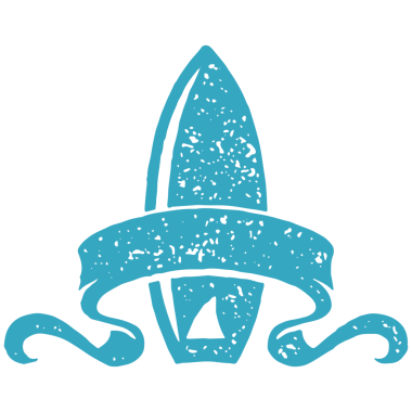 Doku şenliği kurdelesiyle süslenmiş ayakta duran sörf tahtası. Mavi el grunge desen çizimi. Sörf kampı logosu. Dekoratif tasarım. Beyazlar üzerinde izole edilmiş aşırı spor.