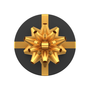 Yuvarlak siyah hediye kutusu 3D. Altın yaylı doğum günü paketi. Şenlik etkinliği ve yıldönümü davetiyesi, ışıltılı bir parti. Elit hediye ve moda Noel iç dekorasyonu