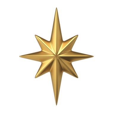 Altın stilize kutup yıldızı. Uzamış ışınları olan renkli bir bayram sembolü. Noel gecesi ve gürültülü partiler bekleniyor. Köknar ağacının yeni yıl dekoru. 3d illüstrasyon