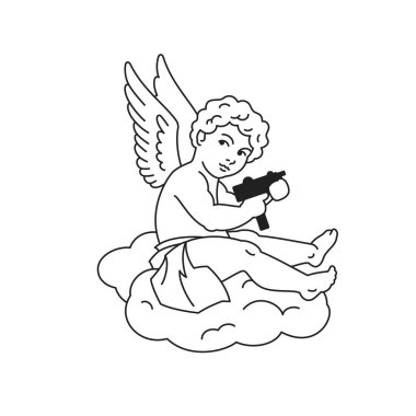 Silah silahı sürreal retro model çizgi ikonu düz resimli bebek Eros Angel. Erkek kanatlı masal cenneti aziz kutsal çizgi film karakteri elinde tabancayla bulutların üzerinde oturuyor.