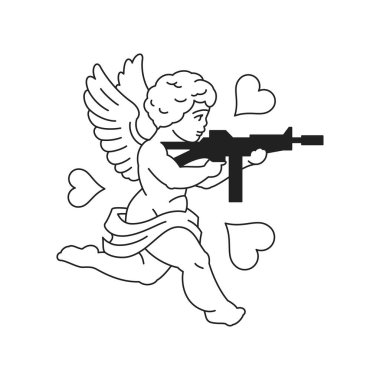 Makineli tüfek Y2k 'den ateş eden aşk meleği çizgi çizgi çizgi çizgi siyah çizgi ikonu düz çizim. Uçan kanatlı cennet, sevgi dolu kalp kutsal ruh karakteri silahı monokrom retro tarzı ateşlendi.