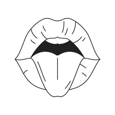 Y2k komik ağız ve dil psikedelik funky anahat siyah ikon vektör düz illüstrasyon. Kadın dudakları komik minimalist amblem gerçeküstü cazibe aldatma moda tek renkli sembol
