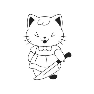 Y2k gülüyor Kawaii kız gibi çekici oyuncak kedi bıçak hatlı siyah ikon vektör düz resimli. Gerçeküstü neo gotik emo tehlikeli kedi elbisesi içinde sevimli psikedelik komik amblem