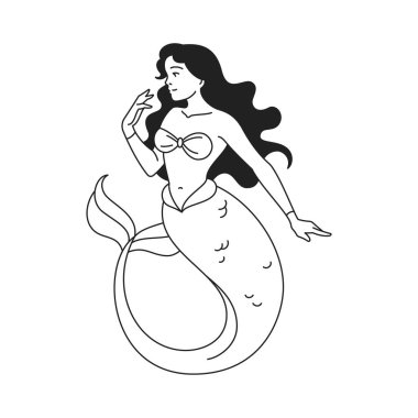 Y2k deniz kızı esmer güzel efsane karakteri balık kuyruğu ikon vektör düz çizimi ile. Mitoloji gerçeküstü psikedelik deniz kadını saçı ve balık kuyruğu dövmesi var.