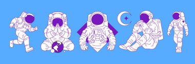 Y2k fütürist astronot uzay giysisi içinde çağdaş pop eskiz taslağı çizimi simge çizimi düz vektör çizimi. Açık uzay gezegeninde bilim kurgu kozmonotu. Yarım ay galaksi keşfi konsepti.