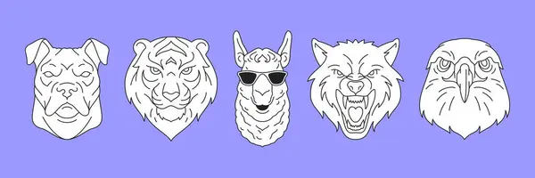 stock vector Y2k comic animal psychedelic fashion pop art portrait outline icon set vector flat illustration. Funny dog tiger lama in sunglasses wolf eagle contemporary artwork monochrome tattoo sketch concept