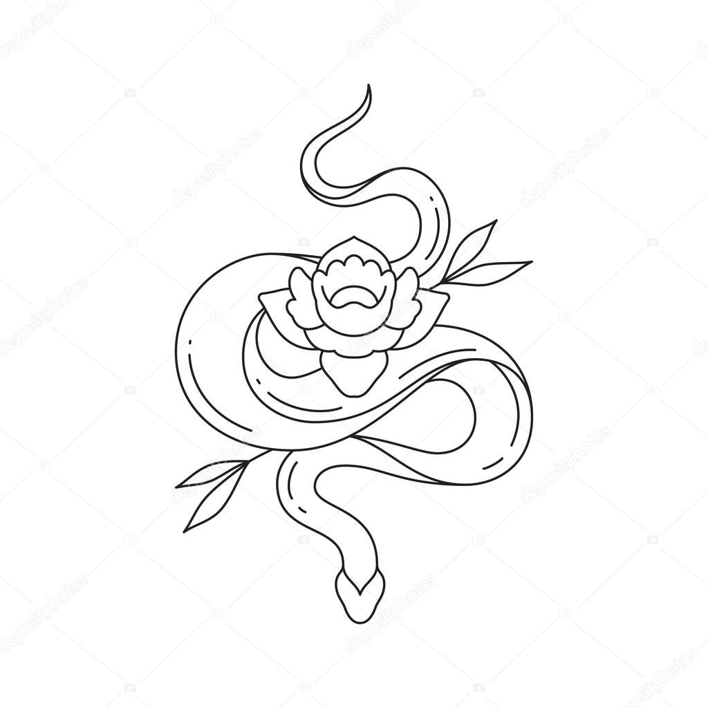 Y2k snake with lily flower mystery gothic tattoo outline black icon vector illustration. Elegant poison reptile viper cobra with blossom floral leaves psychedelic romantic monochrome art emblem