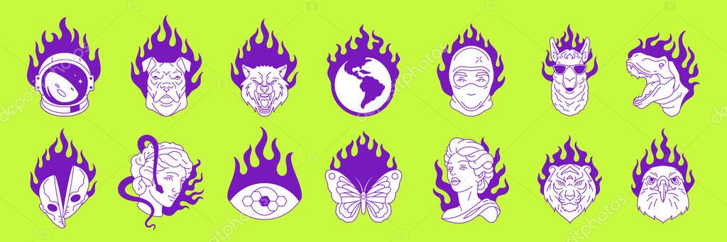 Y2k animal sculpture head flame tattoo pop art sticker outline icon set vector flat illustration. Psychedelic trendy neo gothic astronaut planet butterfly ninja burn fire contemporary artwork concept