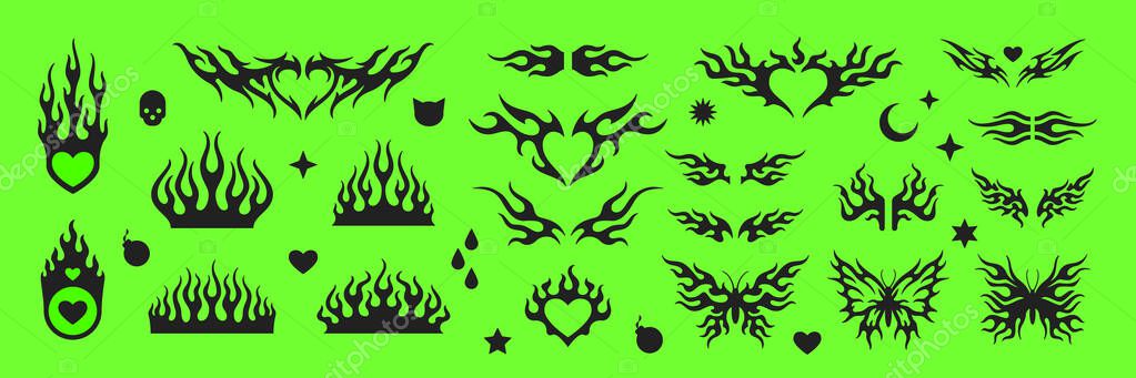 Y2k trendy black fire flame burning shape sticker psychedelic icon set vector flat illustration. Surreal abstract blaze heart wings butterfly monochrome tattoo print mystic silhouette concept