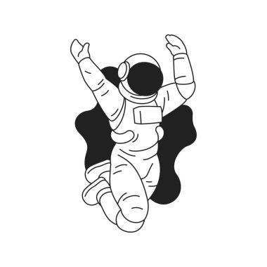 Y2k kozmonot uzay giysisi içinde dış uzay evreninde seyahat ana hatları simge vektör düz illüstrasyon. Astronot yüzen galaksi keşfi komik siber teknoloji tekrenkli siyah dövme