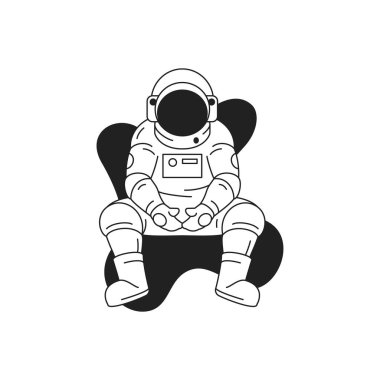 Y2k çizgi roman astronotu, dış uzay ana hatları ikon vektör düz illüstrasyonunda oturmaktan yoruldu. Miğferli uzay giysisi depresyonundaki kozmonot mutsuz bir bilim kurgu fütüristik teknoloji amblemini gevşetiyor.