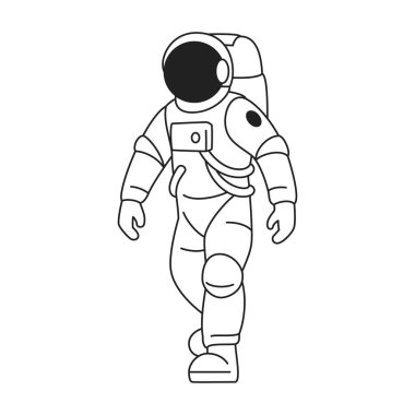 Y2k astronot uzay giysisi içinde dış uzay çizgi çizgi çizgi çizgi çizgi çizgi çizgisi çizimi düz çizim. Kask takan gelecekçi kozmonot. Gezgin galaksi gezisi. Tek renkli tek renkli amblem.