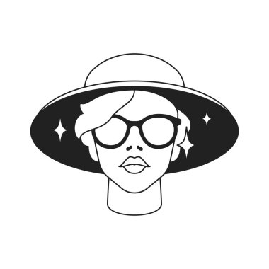 Y2k modern woman witch sorcerer in magic hat portrait pop art outline icon vector flat illustration. Psychedelic female wizard in eyeglasses and mystic headdress with stars t shirt print clipart