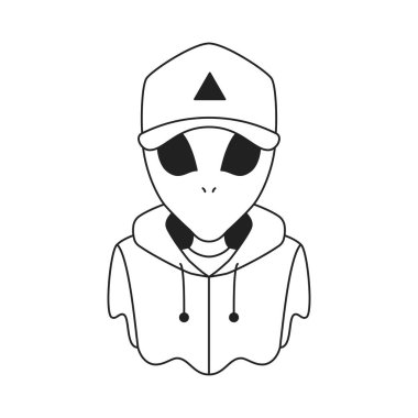 Y2k kapşonlu ve kapşonlu bir uzaylı, psikedelik taslak, ikon vektör düz çizim. Moda kıyafetleri içinde gerçek üstü halüsinojen insansı UFO çağdaş pop sanat monokrom tişört baskısı