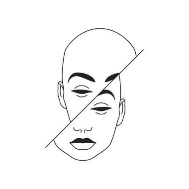 Y2k soyut insan kafası kesimi. Psikedelik modern pop sanat çizgisi ikonu çizimi. Gerçeküstü dijital fütürist kişi, bozulma yüz portresini en az tişört izi ile dilimle