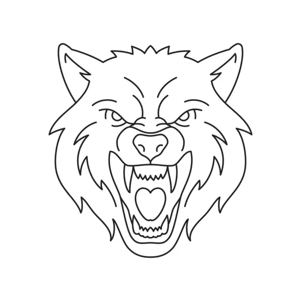 stock vector Y2k roaring angry wolf portrait monochrome groovy outline icon vector illustration. Aggressive powerful canine wild animal furry coyote head muzzle minimal tattoo sketch line emblem