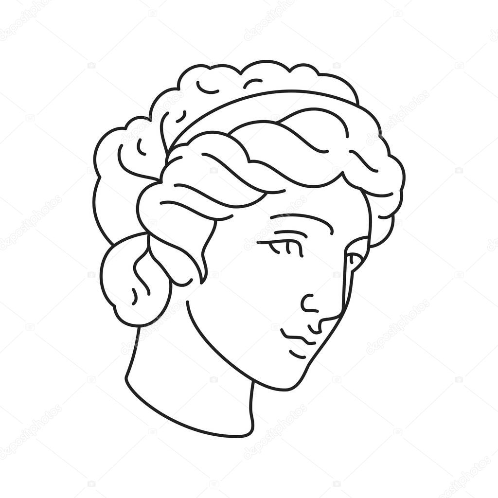 Y2k Greek woman goddess sculpture head pop art outline icon vector illustration. Antique beautiful female face portrait monument statue classic culture artwork monochrome t shirt print