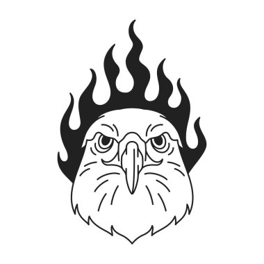 Y2k eagle hawk falcon head with burning flame art tattoo outline icon vector flat illustration. Strong wild predator bird portrait psychedelic groovy monochrome black artwork for t shirt print emblem clipart