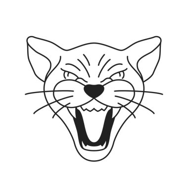 Y2k kızgın kükreyen kedi vahşi hayvan dövmesi ana hatlı ikon vektör düz illüstrasyon. Saldırgan, güçlü, kedi yavrusu panter ağzı açık, tek renkli, harika tişörtlü panter.