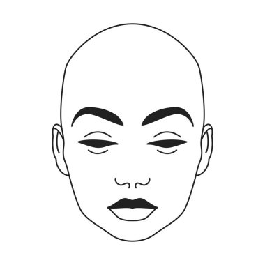 Y2k fütüristik kel siber insan başı çağdaş pop sanat ana hatları ikon vektör düz illüstrasyon. Merhaba teknisyen kadın portresi. Psikedelik punk sanat eseri. Tek renkli tişört baskısı.