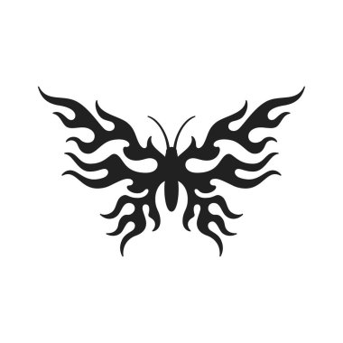 Y2k gotik kelebek yanan alev kanatları siyah dövme ikonu düz çizim. Soyut moda uçan yaz böceği silueti etnik estetik yanıcı sanat eserleri tişört baskısı