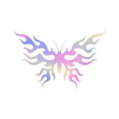 Y2k kelebek neon gradyan hologram ateş alevi siluet ikonu düz çizim. Psikedelik metal holografik kanatlı böcek mistik uçan büyüleyici dekoratif unsur t-shirt baskısı