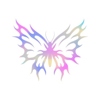 Y2k alev kelebeği pembe eğimli moda etiket ikonu düz çizim. Gerçeküstü yanıcı alev kanatlı uçan böcek silueti metal neon parlak gökkuşağı tayfı tişört izi