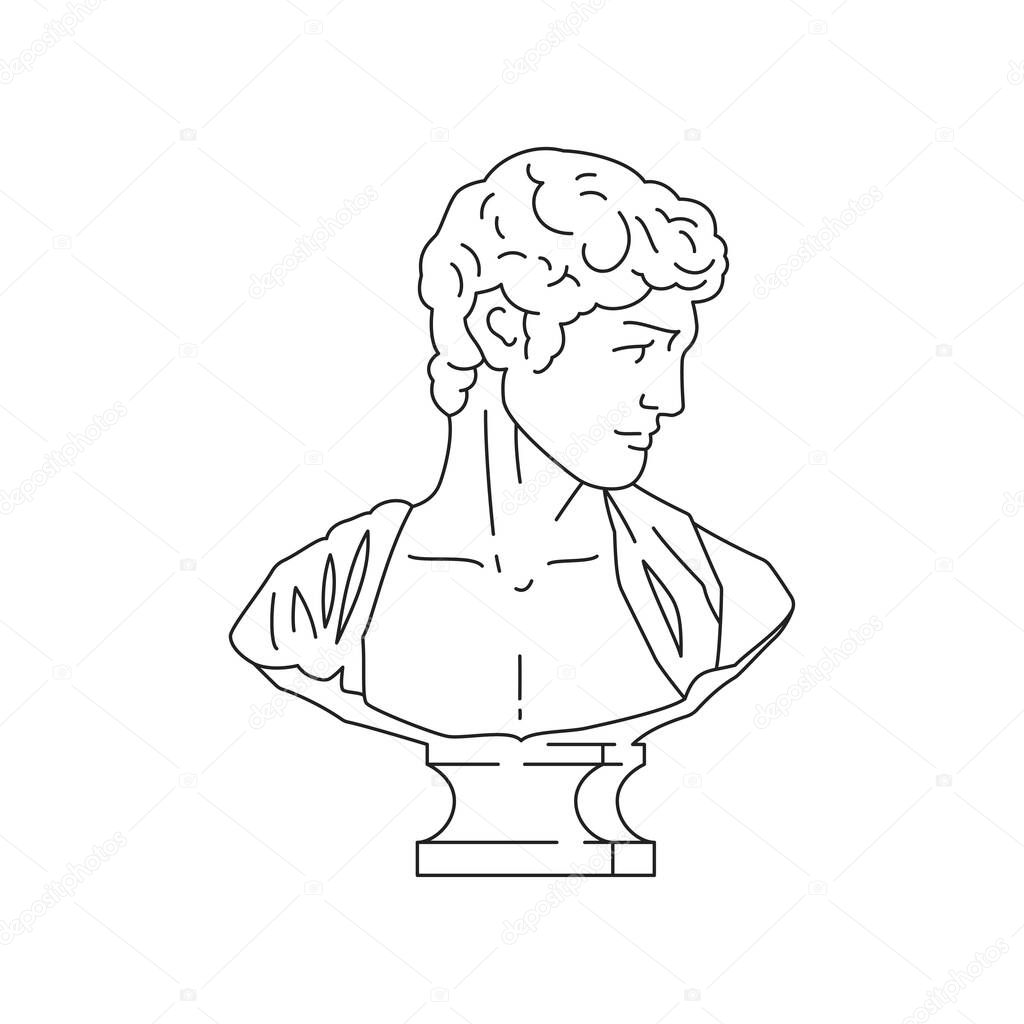 Y2k psychedelic ancient Greek god bust contemporary pop art outline icon vector illustration. Roman antique man head gypsum monument classic culture surreal artwork t shirt print
