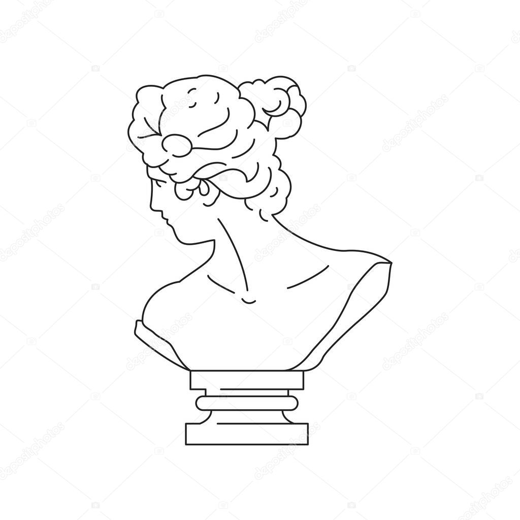 Y2k antique Greek goddess gypsum bust psychedelic contemporary pop art outline icon vector illustration. Historical ancient Roman monument surreal woman head statue monochrome t shirt print