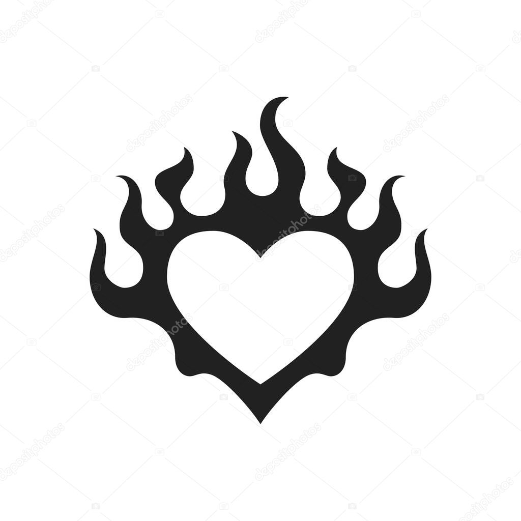 Y2k heart burning fire flame silhouette Valentine black tattoo icon vector flat illustration. Abstract love amour romantic shape flammable blaze neo gothic monochrome creative t shirt print
