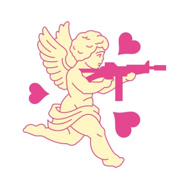 Y2k Aşk Tanrısı makineli tüfeklere bayılır. Pembe pop sanat ikonu düz çizim. Cennetin kanatlı, silahlı, sevimli, romantik kalpli, komik, Sevgililer Günü desenli tişörtlü bir bebek.