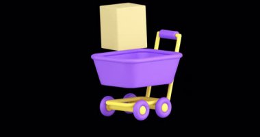 Alışveriş indirimi indirimi indirimi 3d alfa kanallı simge animasyonu. Karton kutulu ve yüzdelik etiketli market market tramvayı