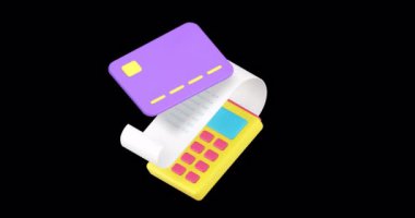 Alışveriş kartı ödeme başarısı bankacılık işlem 3d animasyon döngüsü alfa kanal ile. Dijital para POS terminali fatura makbuzuyla ödenmesini onayladı