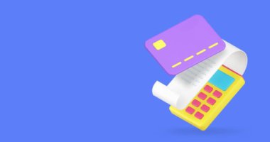 Alışveriş kartı ödeme başarısı bankacılık işlem 3d simge animasyon döngüsü. Dijital para POS terminali fatura makbuzuyla ödenmesini onayladı